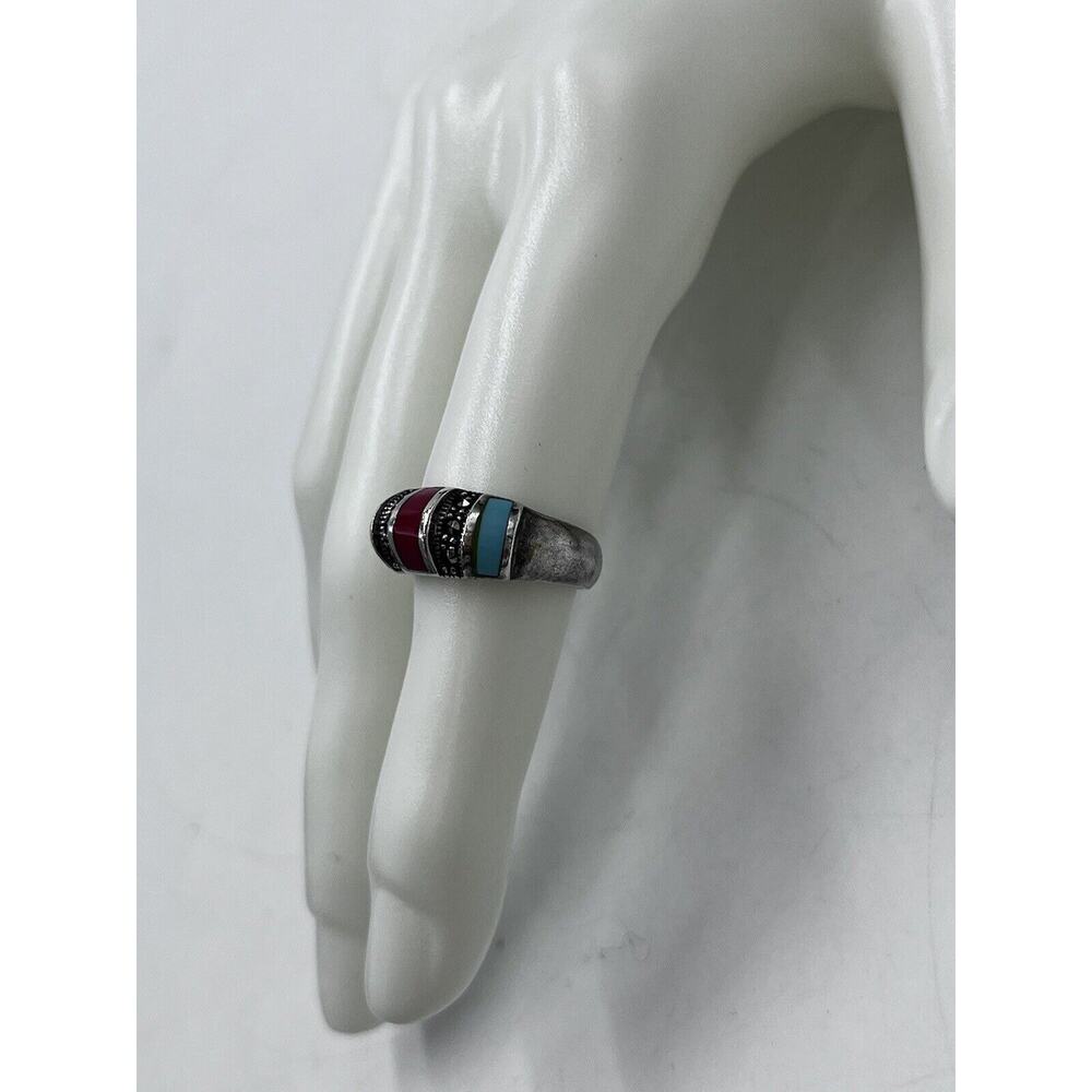 Inlaid Turquoise, Coral, and‎ Marcasite Southwestern Sterling Silver Ring Sz 6